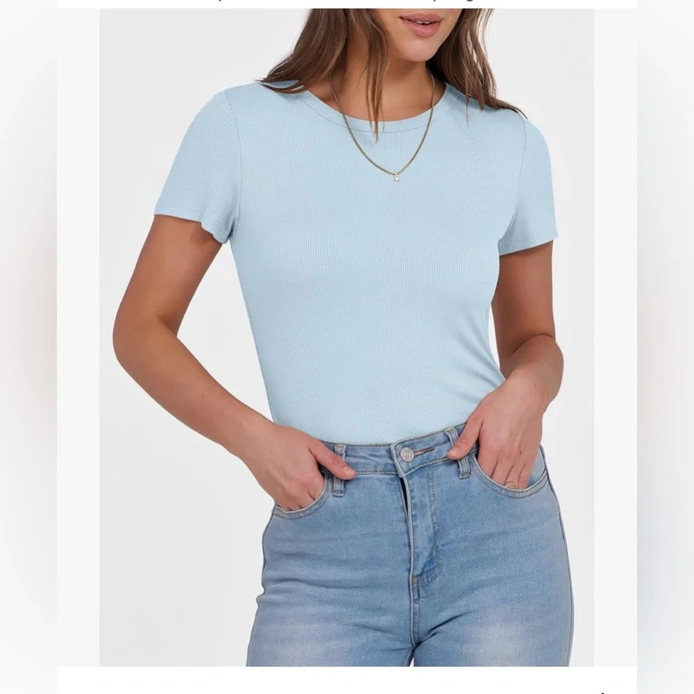 NWT Ribbed Short-Sleeve Sky Blue Ribbed Tee-M - Picture 4 of 12